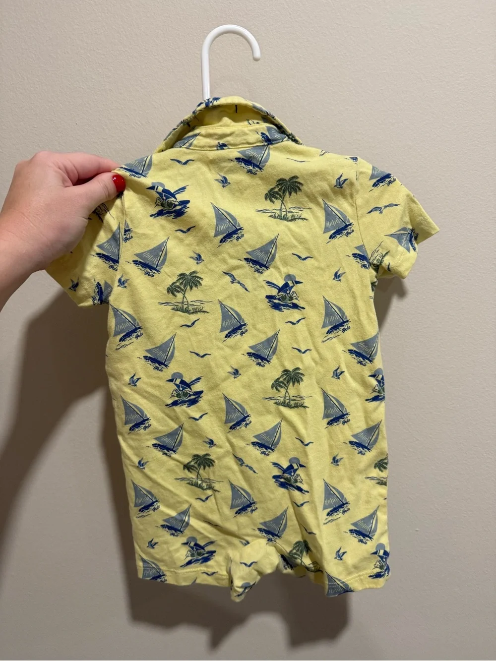 Polo Ralph Lauren Baby Boy 9M Polo Bear Sailboat Tropical Romper Yellow